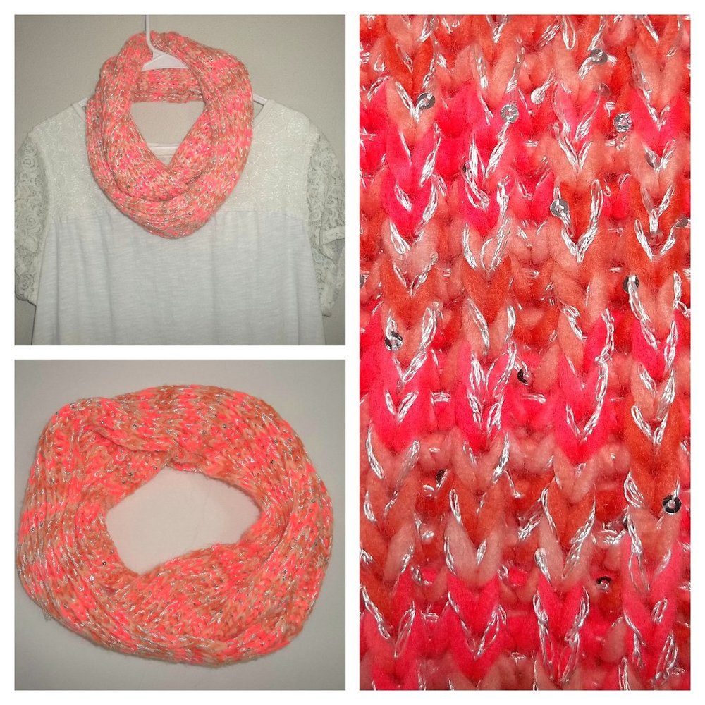 Orange Peach Scarf with Silver Sequins Crocheted Infinity Style Woman Girl S17